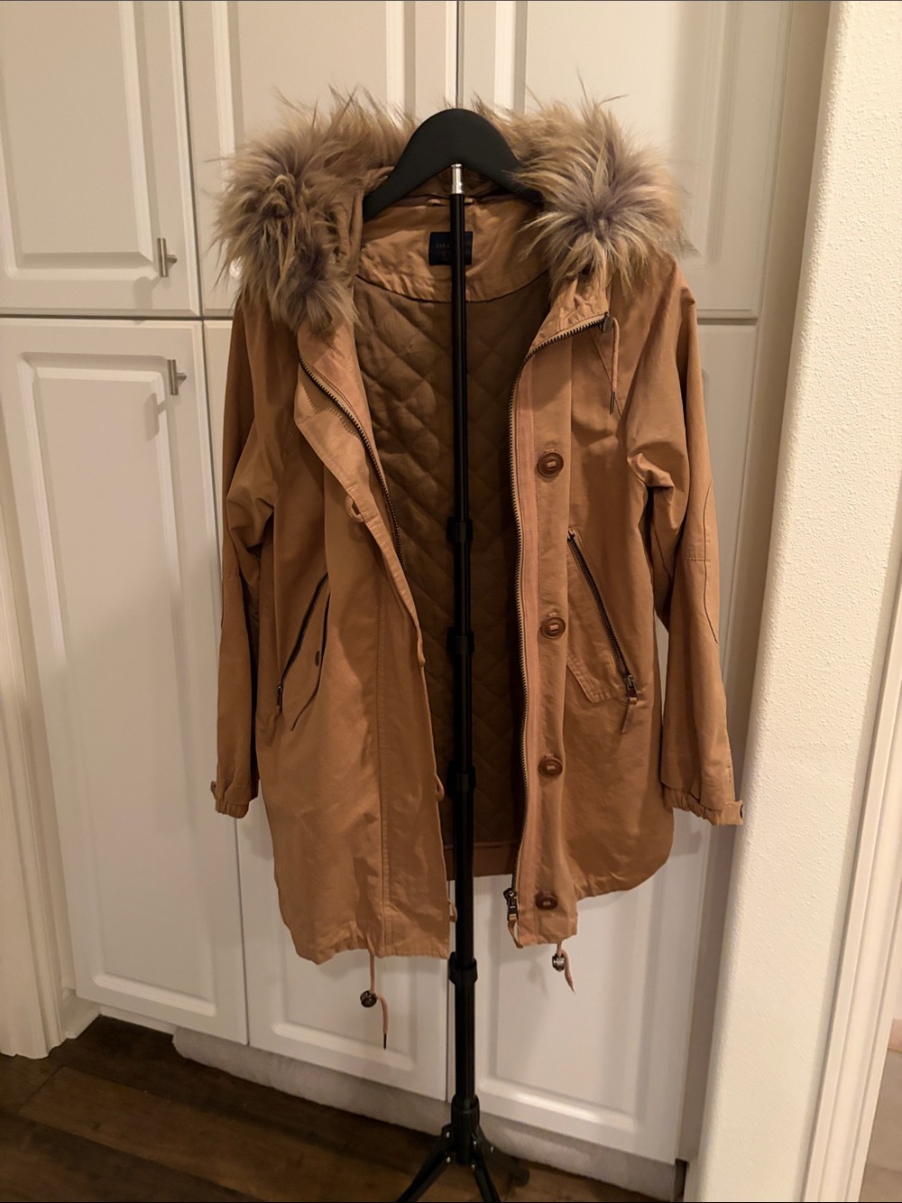 Zara Basic Beige Quilted Jacket with faux fur hood